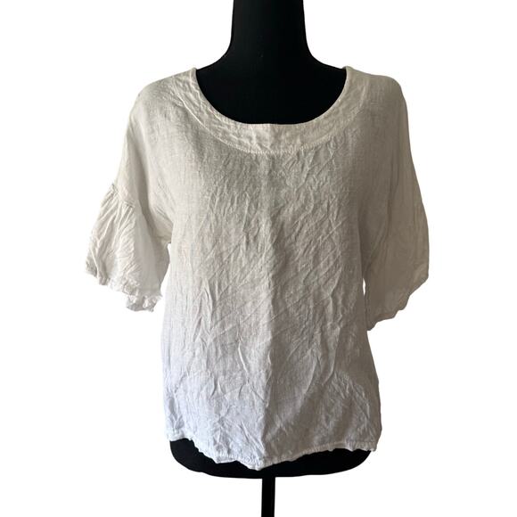 VIOLA BORGHI White 100% Linen Flutter Short Sleeve Top Shirt Size Small - Picture 1 of 5